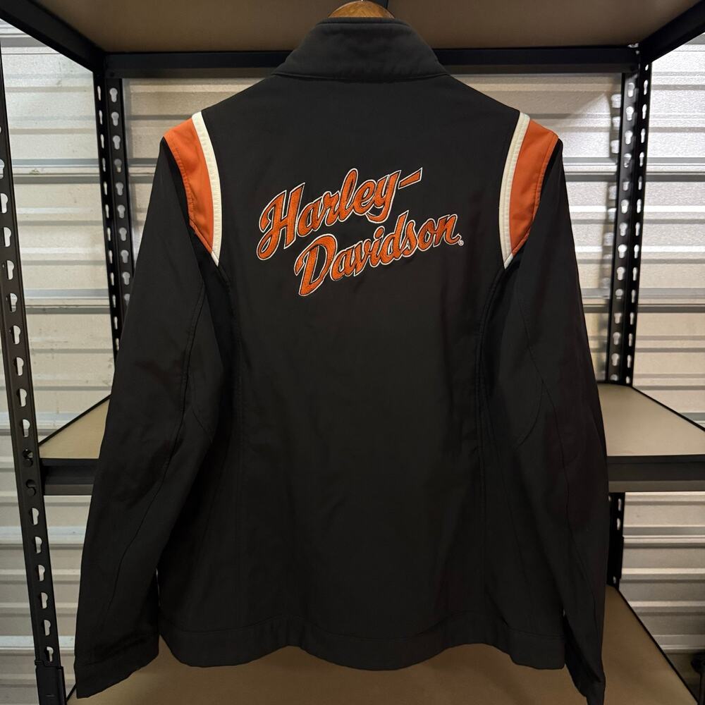 Harley Davidson Soft Shell Biker Jacket Black Orange Embroidered Womens L